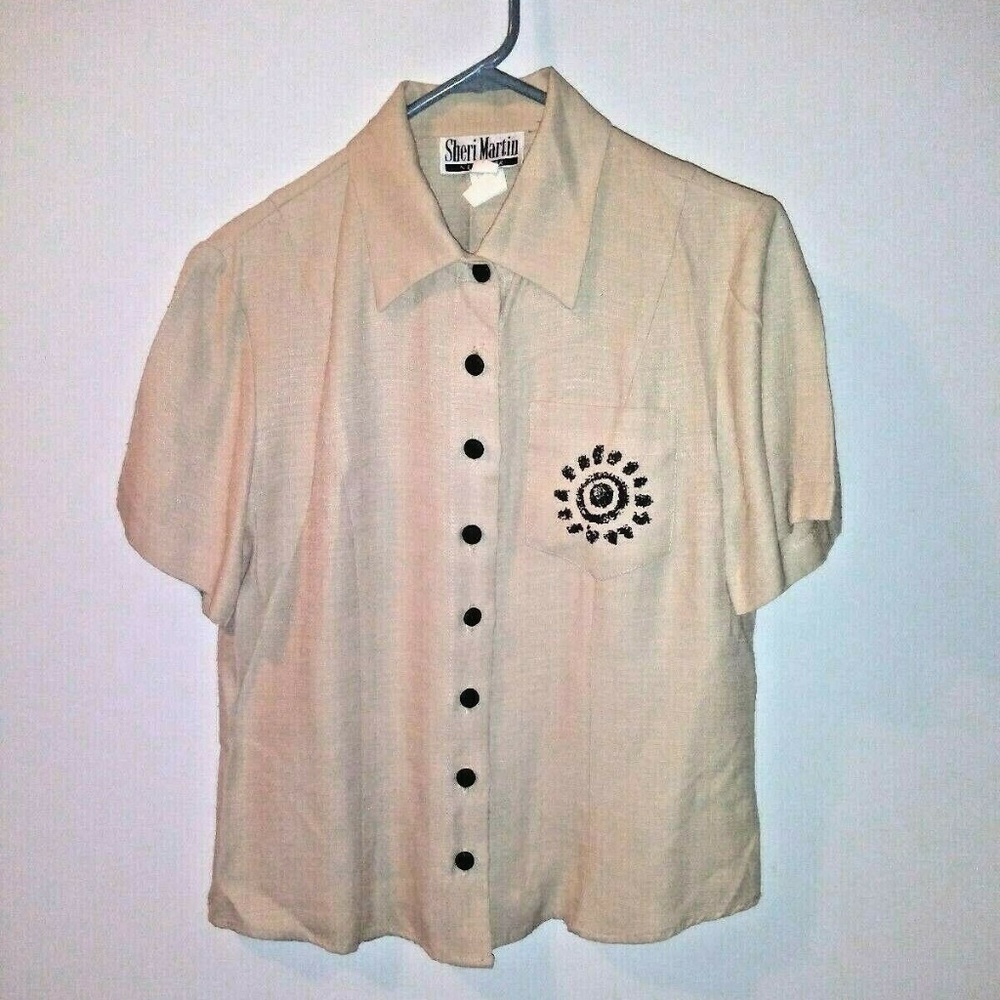 Vintage Top Blouse button up taupe short sleeve Sheri Martin